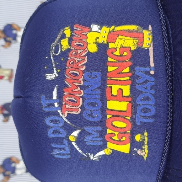 Vintage 80s foam mesh trucker funny golf graphic blue & yellow snapback hat - Picture 2 of 7